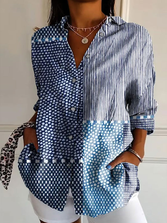Comstylish Women's Abstract Geometric Line Art Print Lapel Shirt