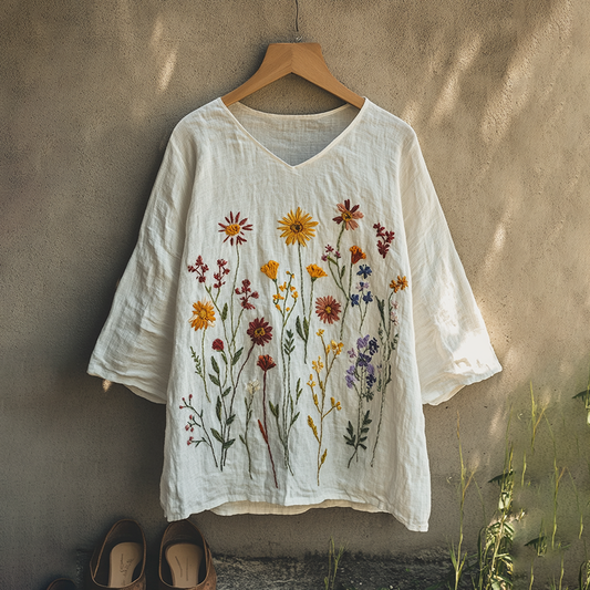 Comstylish Boho Floral Tribal Embroidery Print Cotton And Linen Blend Loose Blouse