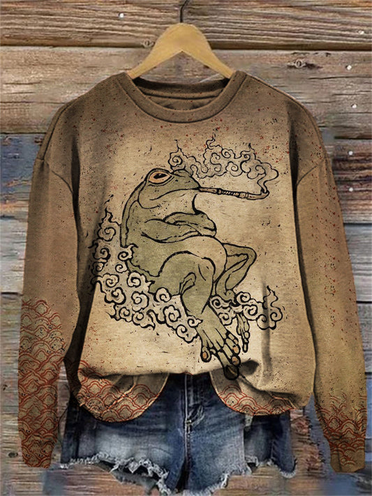 Japanese Pipe Frog Vintage Print Casual Sweatshirt
