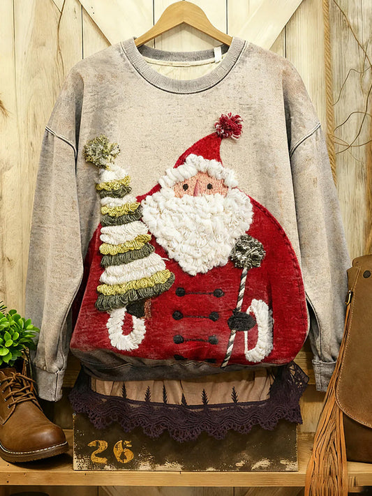Comstylish Women's Vintage Christmas Santa Claus Christmas Tree Art Print Casual Sweatshirt