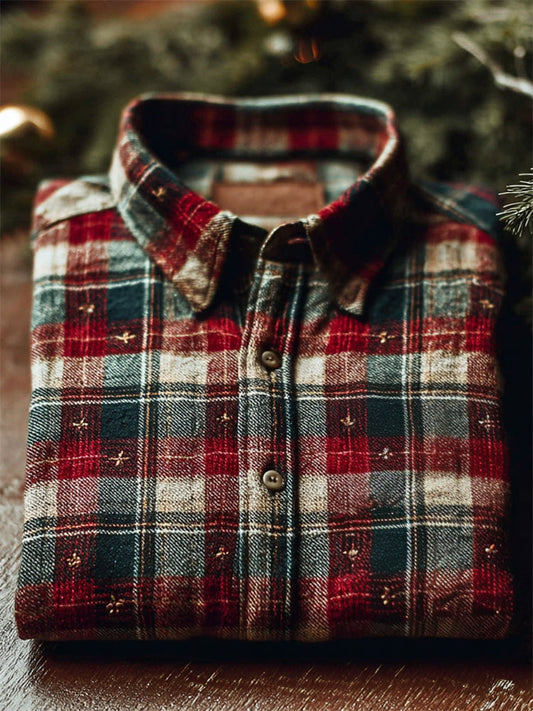 Vintage Stars Embroidered 70s Christmas Plaid Linen Shirt artswardrobe