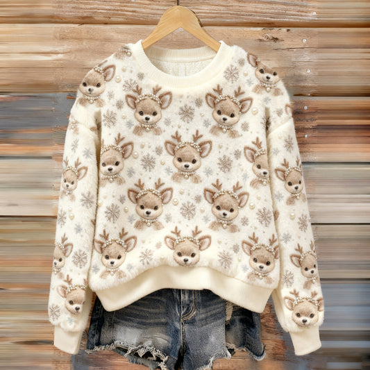Comstylish Women's Cute Christmas Elk Pearl Art Comfort Plush Sweatshirt