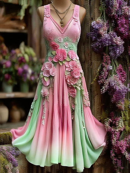 Vintage Classy Gradient Purple Lavender And Floral Embroidered Pattern Linen V Neck Maxi Dress artswardrobe