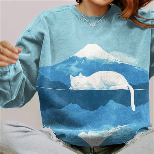 Comstylish Abstract Creative Mount Fuji Lazy Cat Painting Art Print Sweatshirt