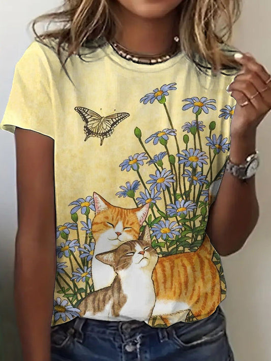 Cats Floral Print Casual Short Sleeve T-Shirt artswardrobe