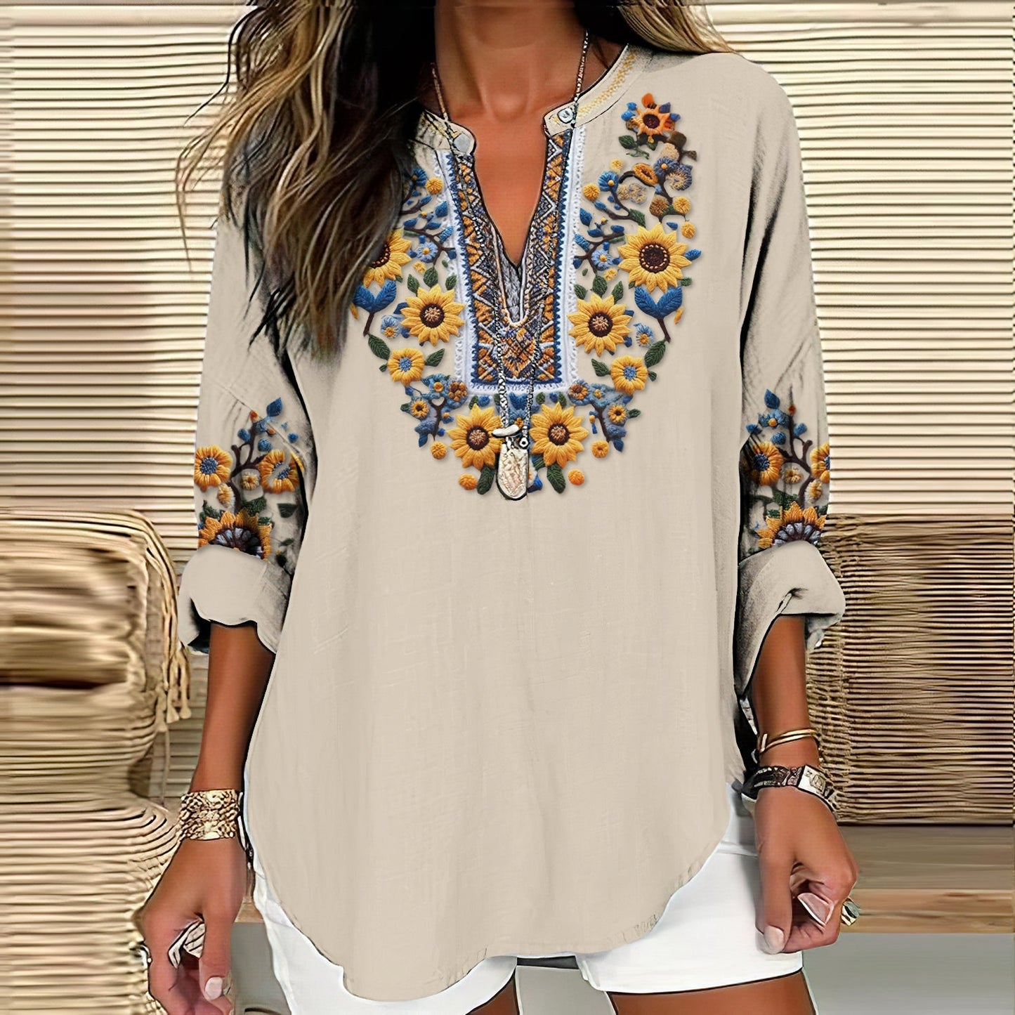 Comstylish Women's Ukraine Sunflower Embroidery Art V-neck Casual Linen Blend Blouse