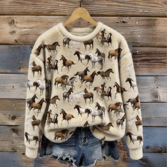 Comstylish Vintage Western Wild Horses Art Cozy Plush Sweatshirt