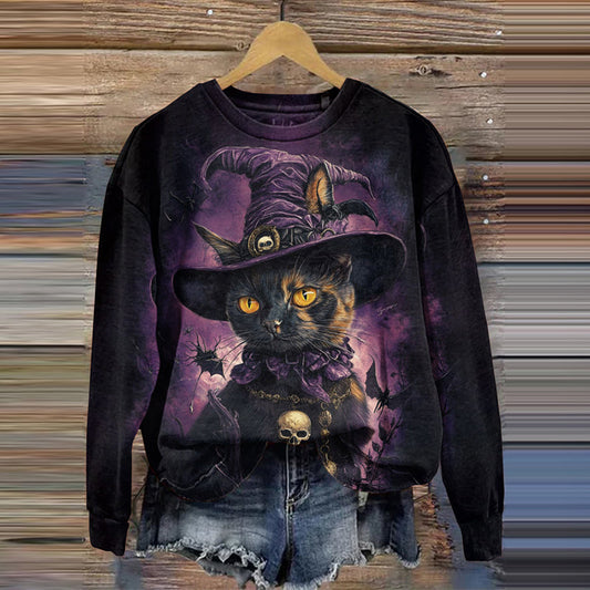 Comstylish Women's Halloween Cat Print Crew Neck Casual Sweatshirt