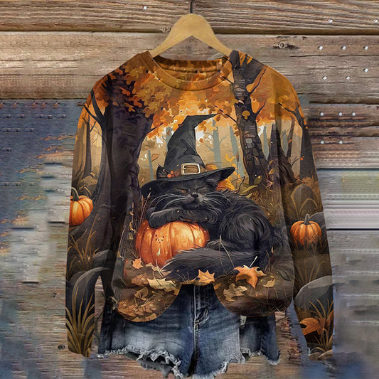Women's Halloween Cat Print Crew Neck Long Sleeve Sweatshirt elevenforest