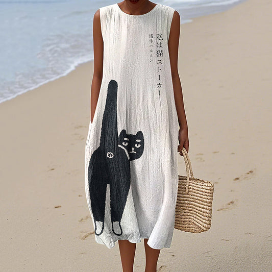Comstylish Women's Vintage Japanese Cat Art Pattern Cotton And Linen Dress