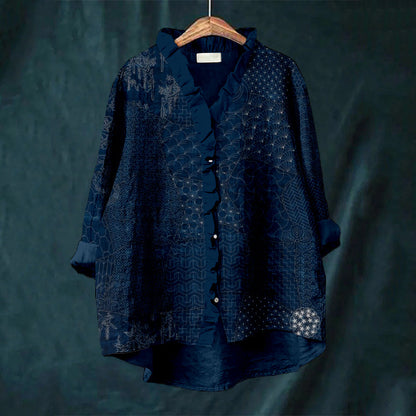 Comstylish Japanese Traditional Sashiko Art Ruffle Trim Linen Blouse