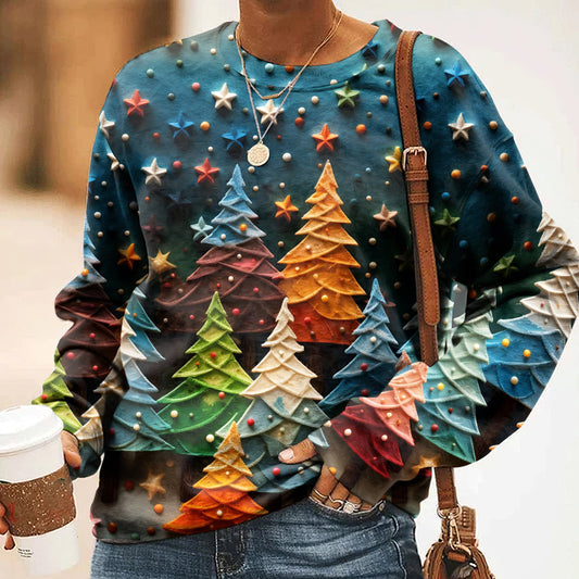 Comstylish Christmas Tree Print Round Neck Long Sleeve Sweatshirt