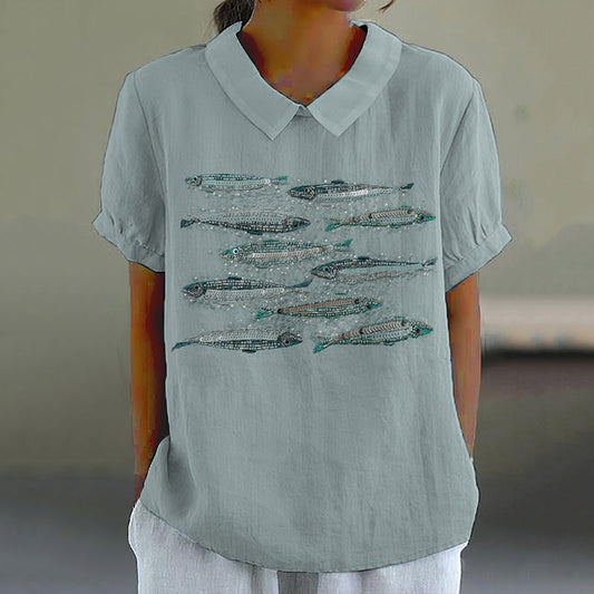 Comstylish Women's Ocean Fish Pattern Lapel Shirt