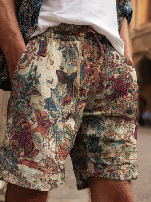 Western Bohemian Style Plant And Flower Pattern Retro Cotton And Linen Loose Men's Shorts artswardrobe