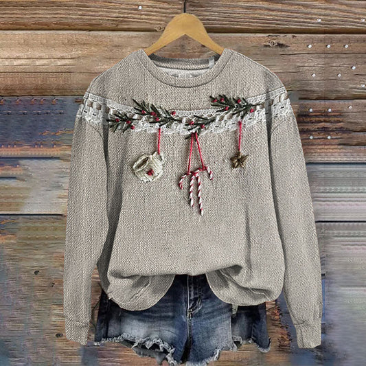 Comstylish Women's Christmas Candy Cup Embroidery Crew Neck Sweatshirt