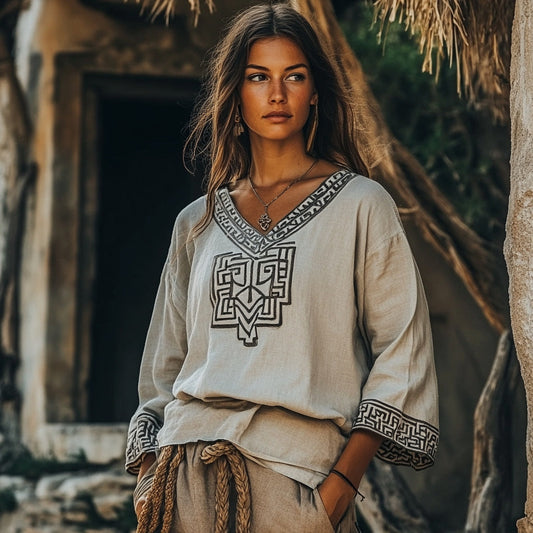 Vintage Greek Key Motif Cretan Embroidery Linen Blend V-neck T-shirt artswardrobe