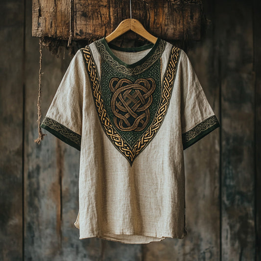 Men's Viking Tribal With Celtic Knotwork Embroidered Linen T-shirt artswardrobe