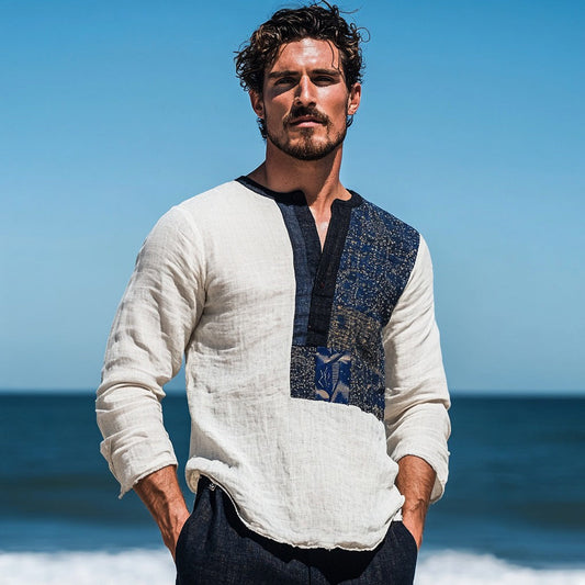 Men's Vintage Sashiko Patchwork Japanese Art Linen V-neck Shirt artswardrobe