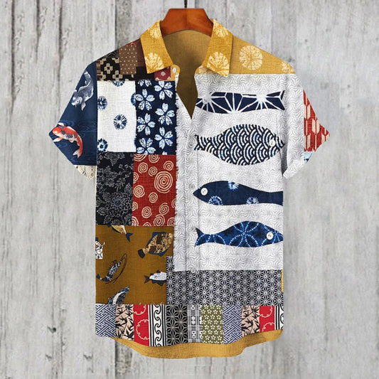 Men's Vintage Colorblock Fish Pattern Casual Short Sleeve Shirts artswardrobe