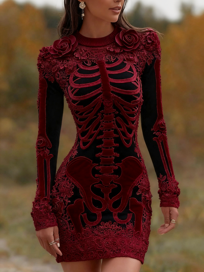 Women's Vintage Halloween Skeleton Bones With Rose Art Cozy Knit Mini Sweater Dress artswardrobe