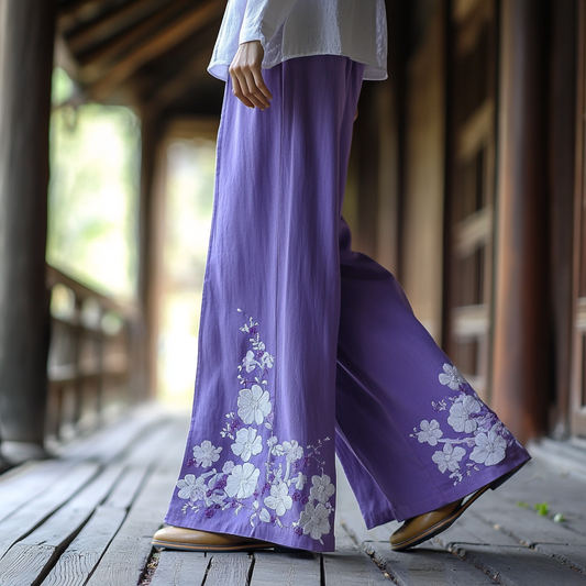 Retro Boho Floral Embroidery Art Cotton Linen Wide Leg Pants artswardrobe