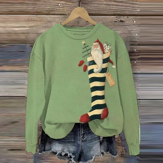 Comstylish Women's Vintage Christmas Santa Claus Print Crew Neck Long Sleeve Sweatshirt
