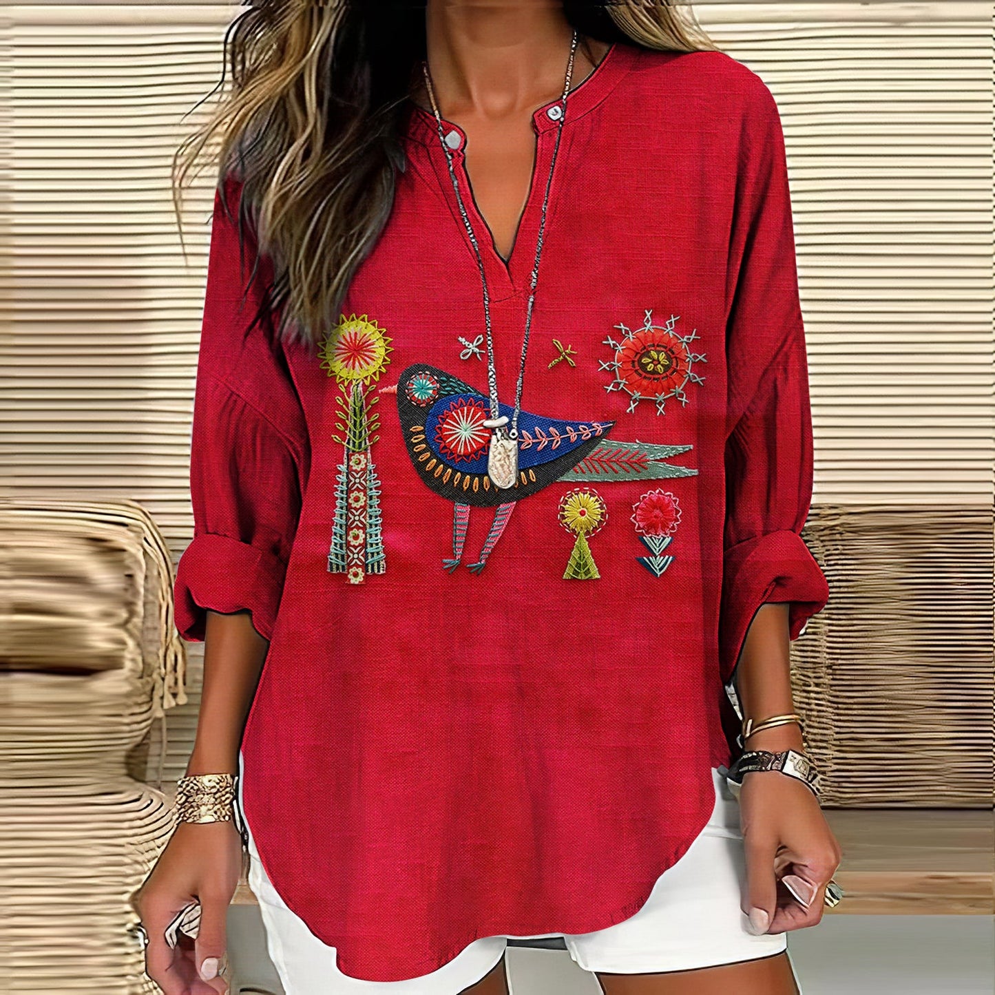 Women's Floral And Bird Embroidery Art Pattern Cotton And Linen V-neck Shirt artswardrobe