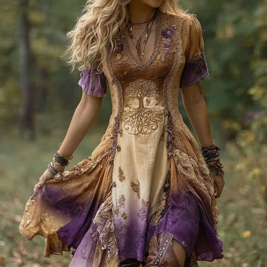 Women's Vintage Viking Tree Of Life Gradient Midi Dress artswardrobe