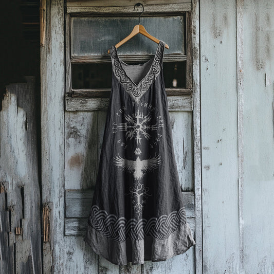 Women's Viking Tribal Bird Totem Linen Tank Dress artswardrobe