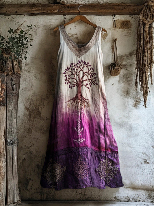 Vintage Tree Of Life Gradient Women's Linen Vest Dress artswardrobe