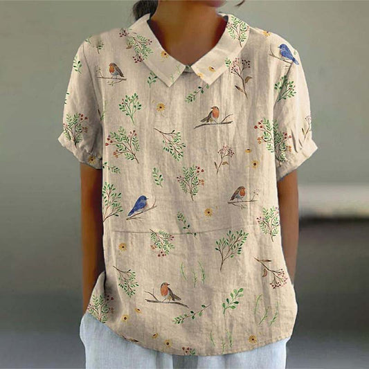 Comstylish Boughs And Robin Birds Pattern Printed Casual Cotton And Linen Shirt