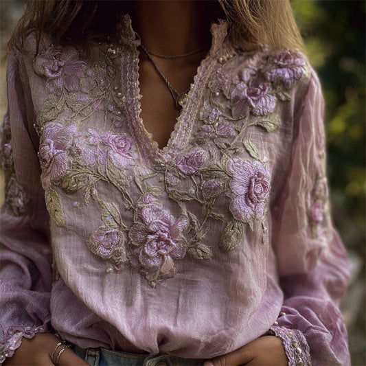 Comstylish Vintage Lavender Flowers Vines Embroidered Linen Tunic