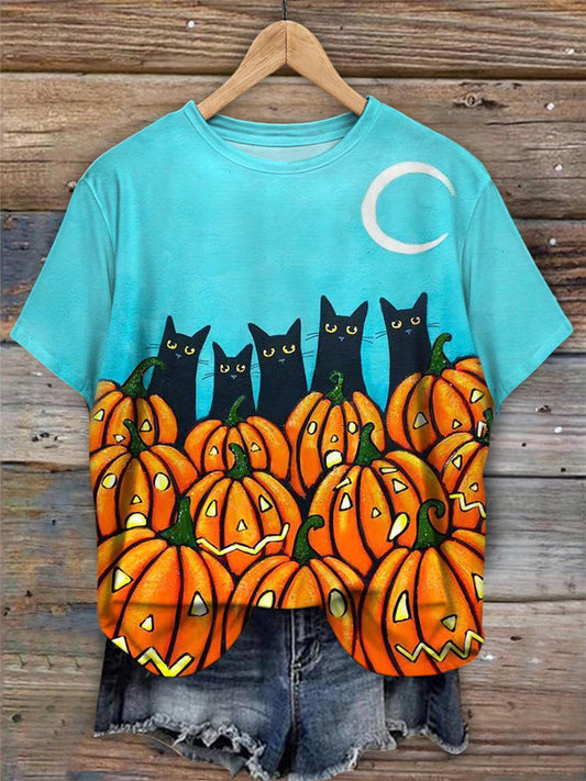 Pumpkin Cats Crew Neck T-Shirt elevenforest