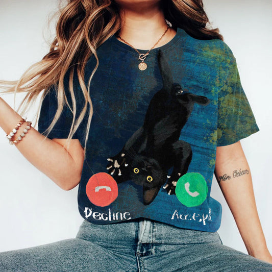 Comstylish Women's Abstract Creative Cute Black Cat Calling Art Print T-shirt
