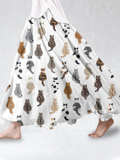 Cute Cats Embroidery Pattern Linen Blend Skirt elevenforest