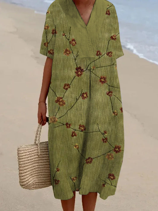 Vintage Plum Floral Print Women's V-Neck Maxi Dress