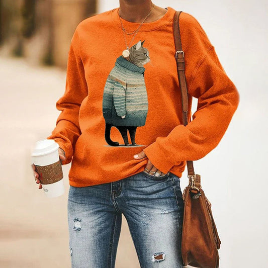 Winter Cat Print Crew Neck Sweatshirt elevenforest