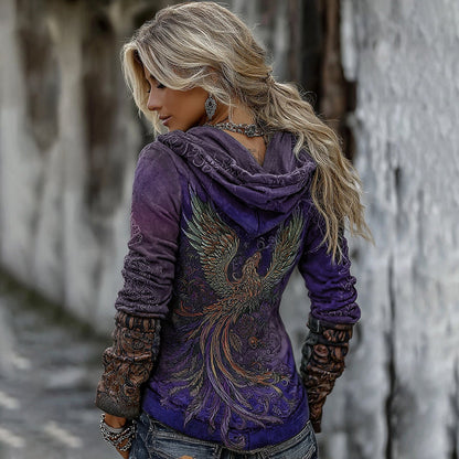 Comstylish Women's Viking Mythology Phoenix Embroidery Comfortable Warm V-neck Hoodie