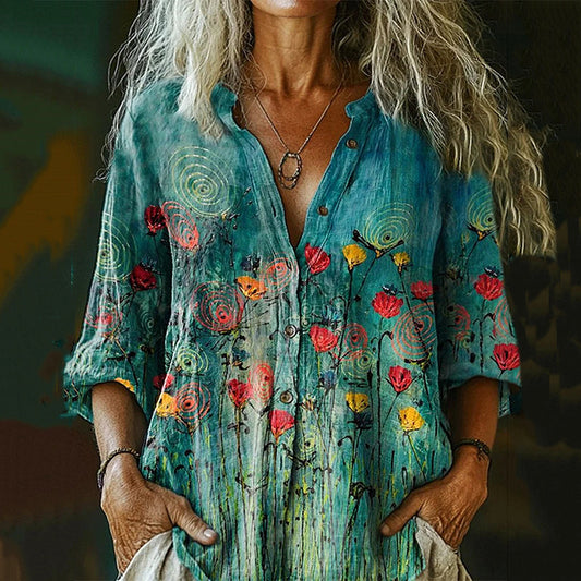 Comstylish Women's Floral Art Long Sleeve Casual Linen Henley Collar Shirt