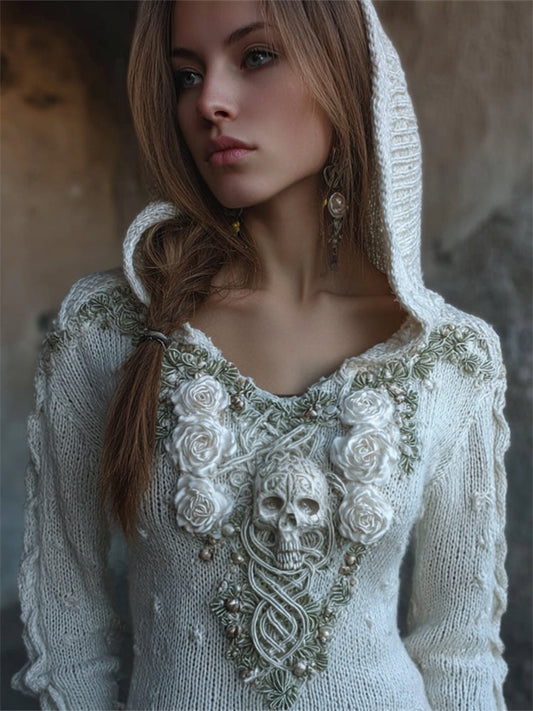 Comstylish Vintage White Roses Skull Celtic Hooded Cozy Knit Sweater