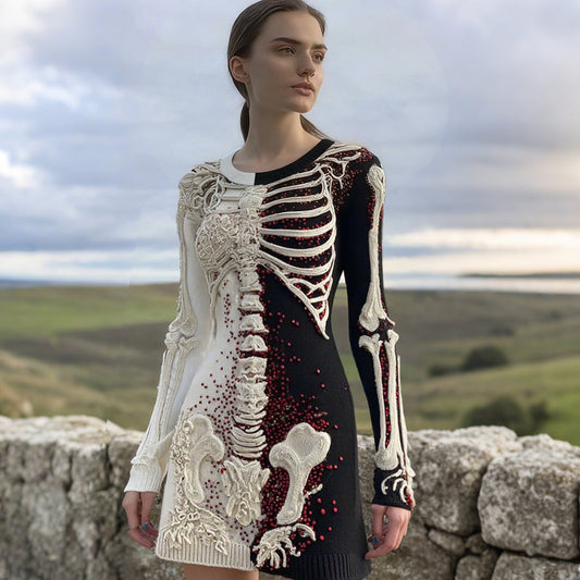 Comstylish Women's Halloween Anatomy Art Colorblock Knit Crew Neck Sweater Dress