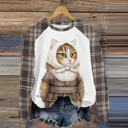 Vintage Cute Cat And Plaid Print Sweatshirt elevenforest