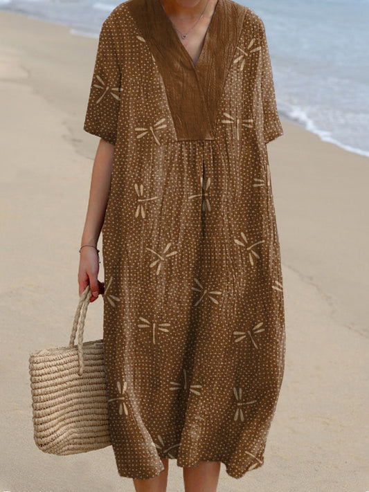 Comstylish Japanese Art Dragonfly Print Linen Blend Dress