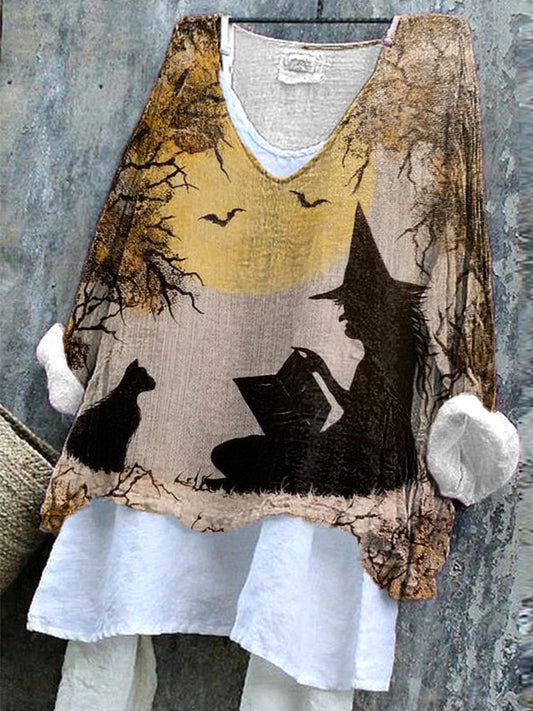 Comstylish Women's Halloween Witch Night Pattern Linen Blend Shirt