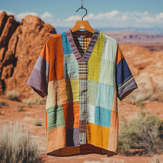 Men's Contrast Colors And Strip Patchwork Sun Linen T-shirt artswardrobe