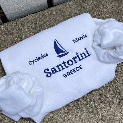 Comstylish Santorini Greece Embroidered Crew Neck Sweatshirt