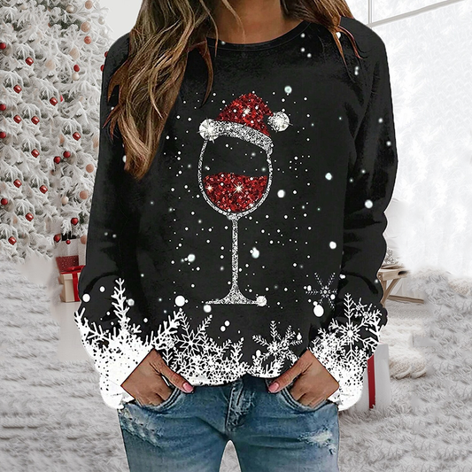 Comstylish Women's Festive Wine Glass Santa Hat Christmas Snowflakes Embroidery Print Casual Sweatshirt
