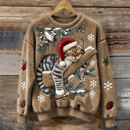 Comstylish Christmas Lazy Cat Art Women's Cozy Plush Sweater