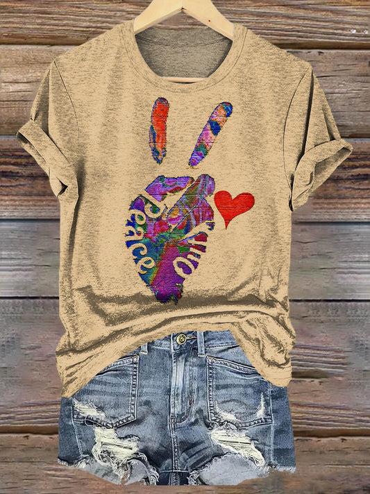 Women's Art Floral Hippie Print Crew Neck T-Shirt