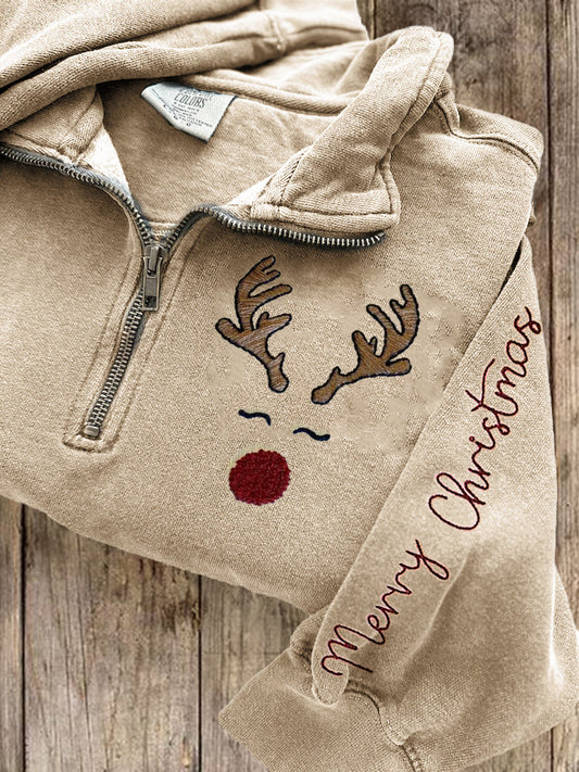 Comstylish Merry Christmas Reindeer Face Embroidered Zip Up Sweatshirt